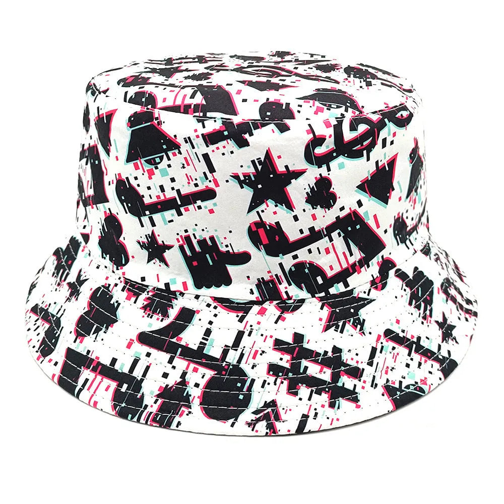 Musical note pattern printed bucket hat with dome crown in polyester fabric