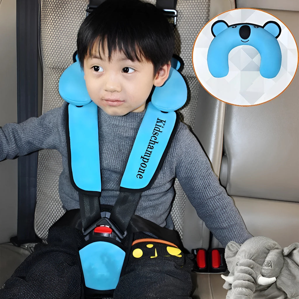 Cute Number One portable child car seat belt retainer in rose pink, shown on a car seat.