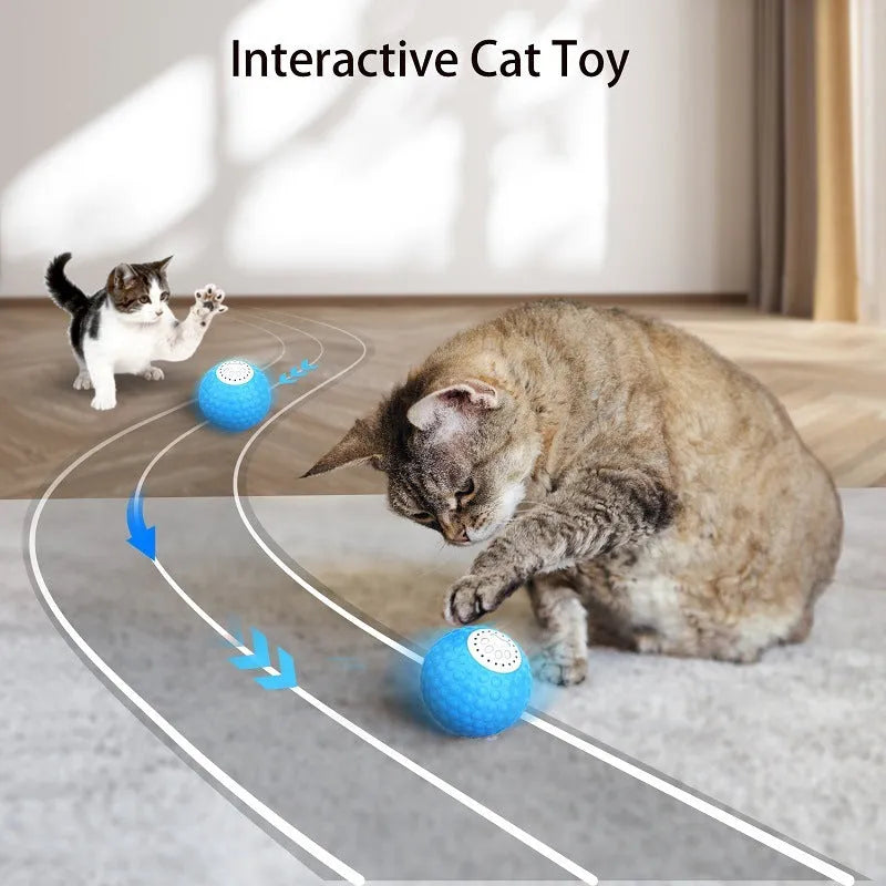 Remote control and interactive rolling ball cat toy with feather wand attachment in blue, green, and yellow colours.