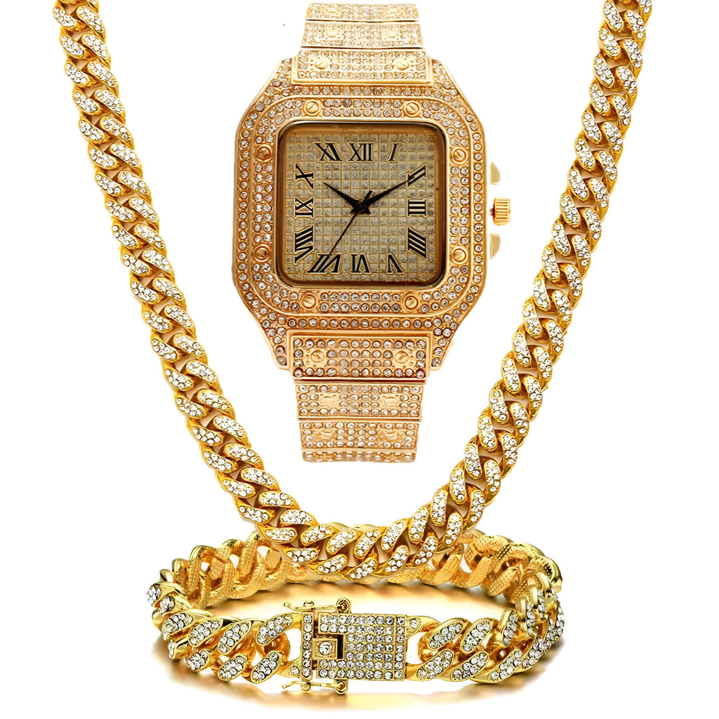 Square dial Roman numeral quartz watch with black mesh band and matching bracelet and necklace jewellery set