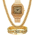 Square dial Roman numeral quartz watch with black mesh band and matching bracelet and necklace jewellery set