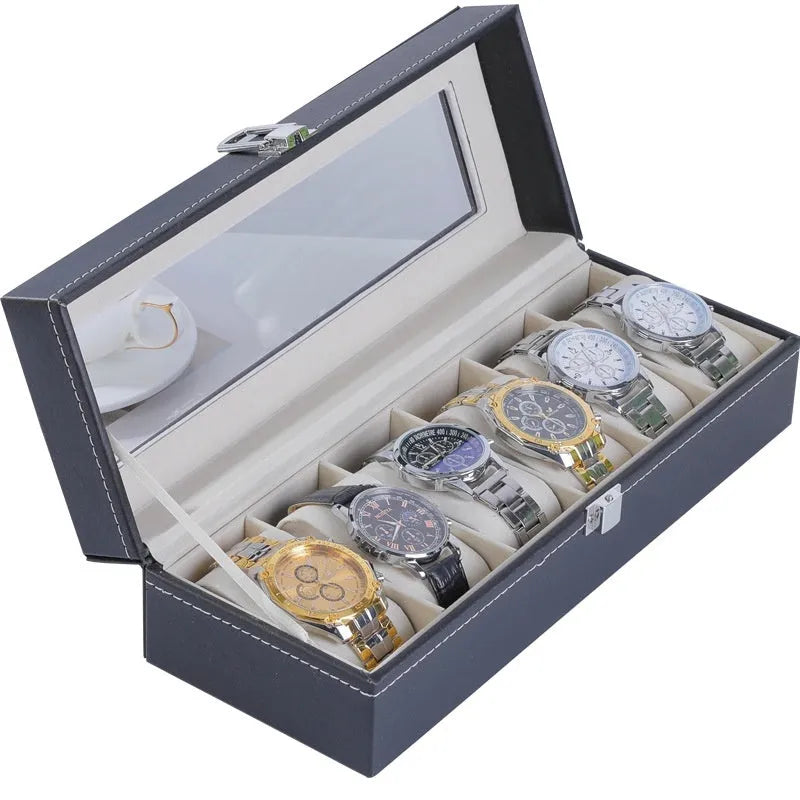 Grey high-grade leather watch storage box with multiple compartments and clear dustproof lids.