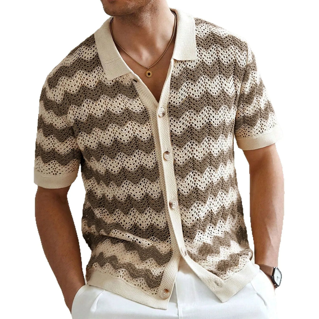 Men's short-sleeve t-shirt with corrugated jacquard texture and flocking detail in yellow, blue, or brown.