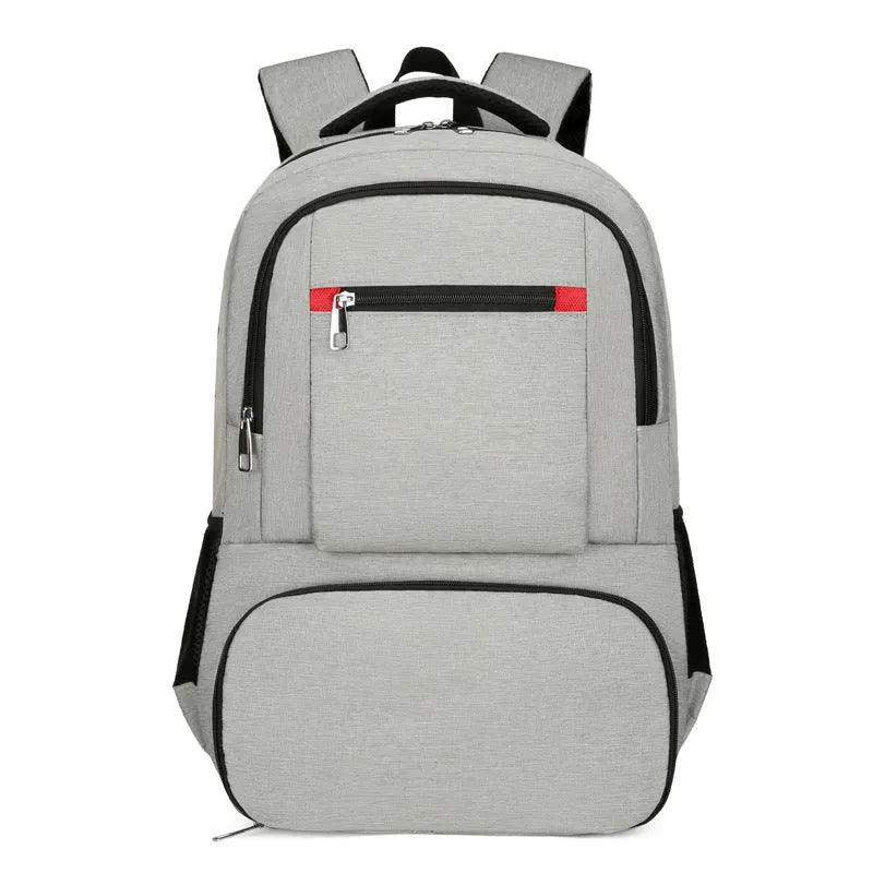 Oxford cloth insulated backpack shown in light grey, featuring curved shoulder straps and a pull-rod belt accessory.