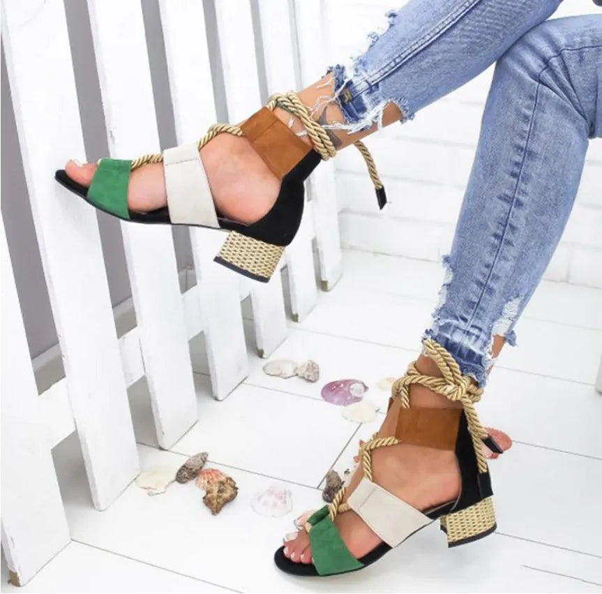 Women's suede sandals with thick middle heel and front strap design in various colours