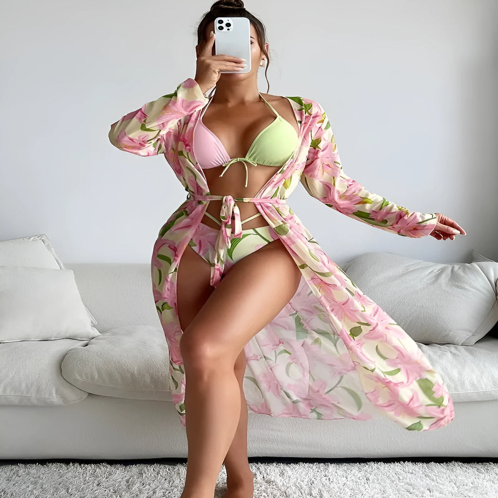 Women's quick-drying printed bikini swimsuit set in European and American sizing