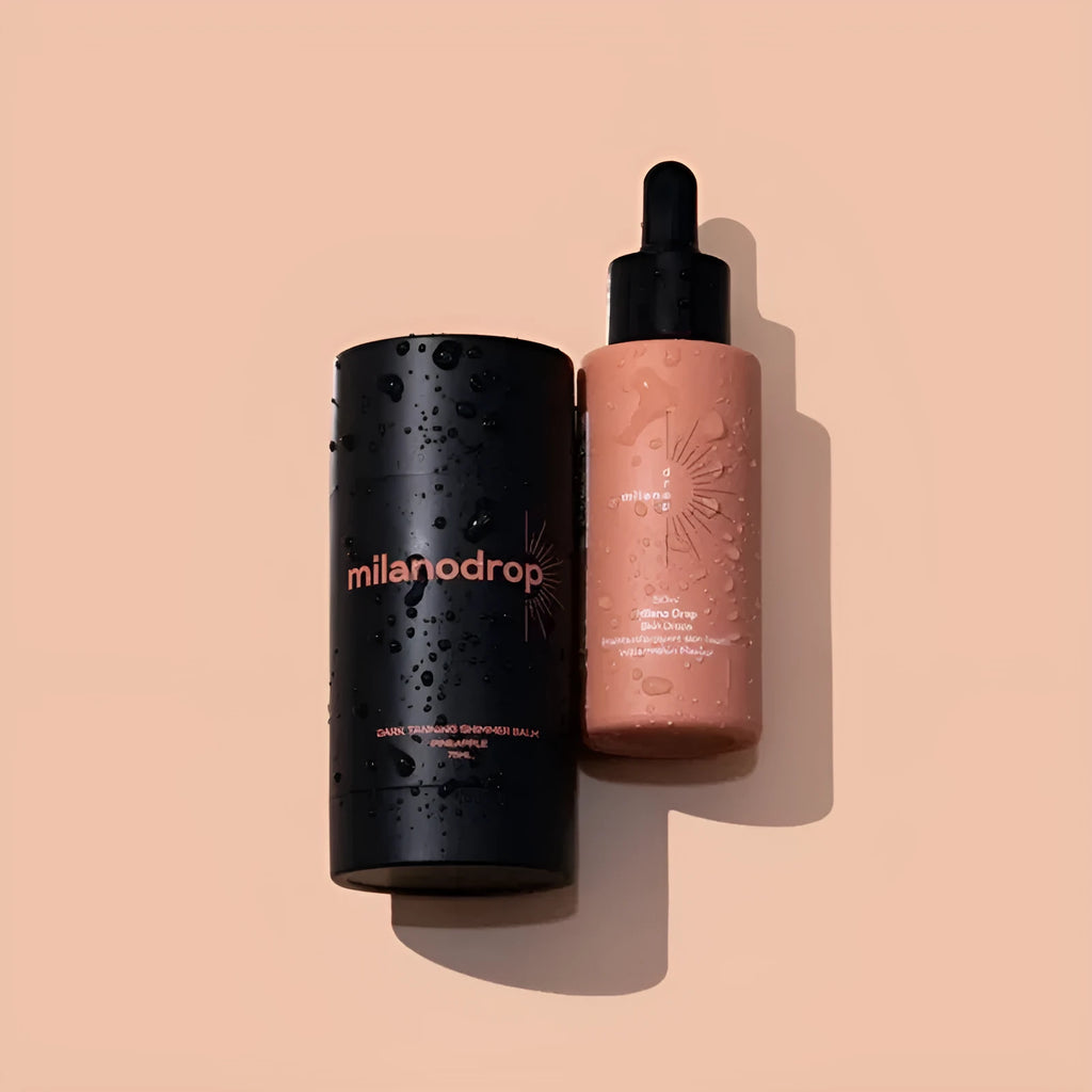 Matte sun tanning black liquid set showing 50ml tanning drops and 75ml tanning flash cream bottles