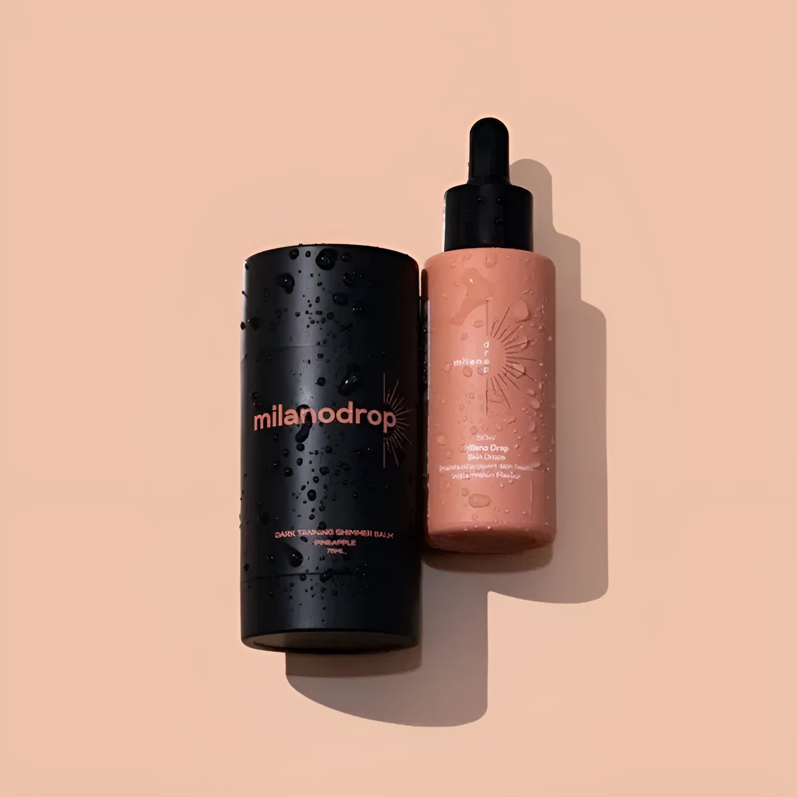 Matte sun tanning black liquid set showing 50ml tanning drops and 75ml tanning flash cream bottles