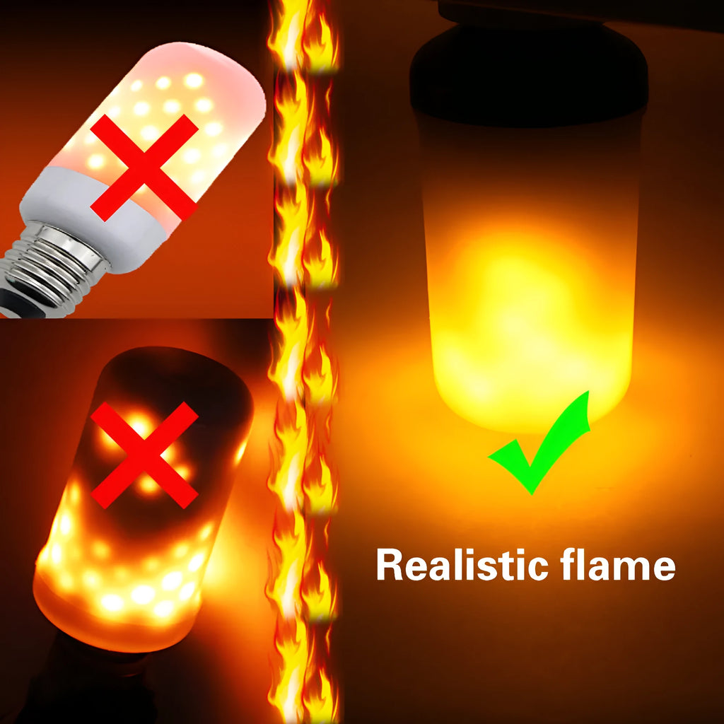 Decorative flame effect LED lamp with flickering emulation lighting for atmospheric room settings