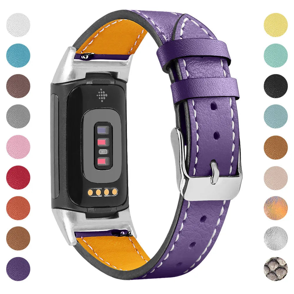 Genuine leather strap for Fitbit Charge 5 and Charge 6 smartwatch in multiple colour options.