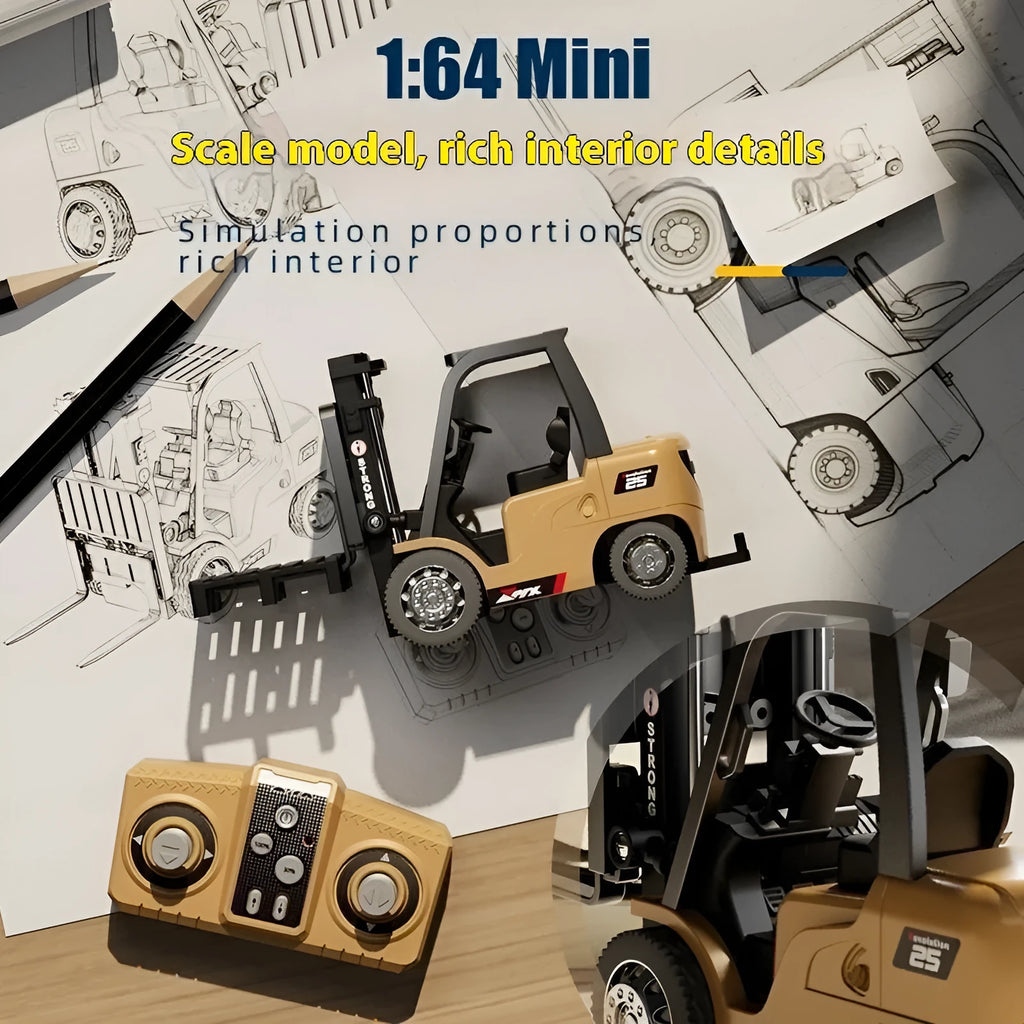 1:64 scale mini alloy forklift remote control toy with Bluetooth controller and cargo accessories