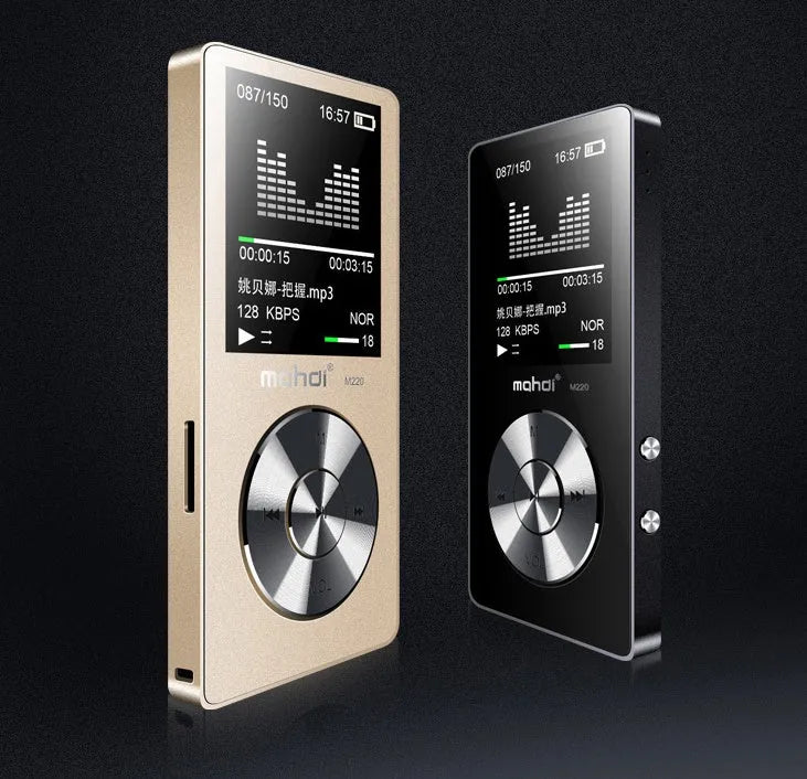 Gold all-metal MP3 music player with 1.8-inch screen showing music menu
