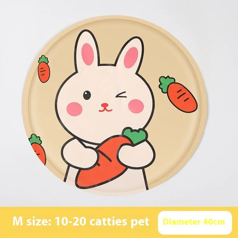 Round cartoon-themed dog cooling mat on a floor, showing gel-filled design and soft cloth cover.