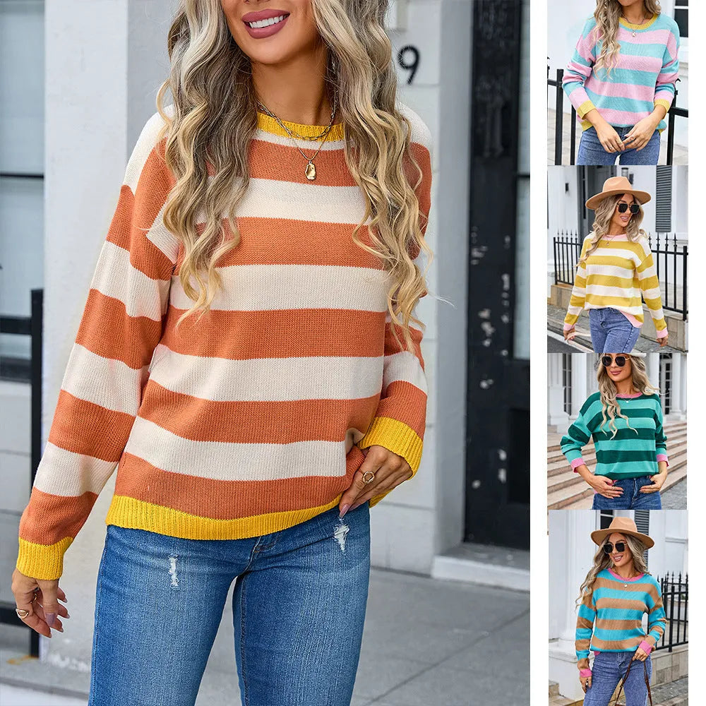 Women's long sleeve loose fit sweater in blue with round neck and knit pattern
