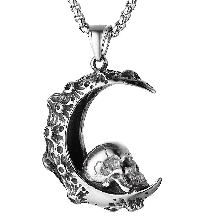 Men's silver skull pendant necklace on stainless steel chain with six design options