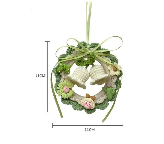 Hand-woven wool bell orchid car pendant in green, pink, purple and yellow colour options
