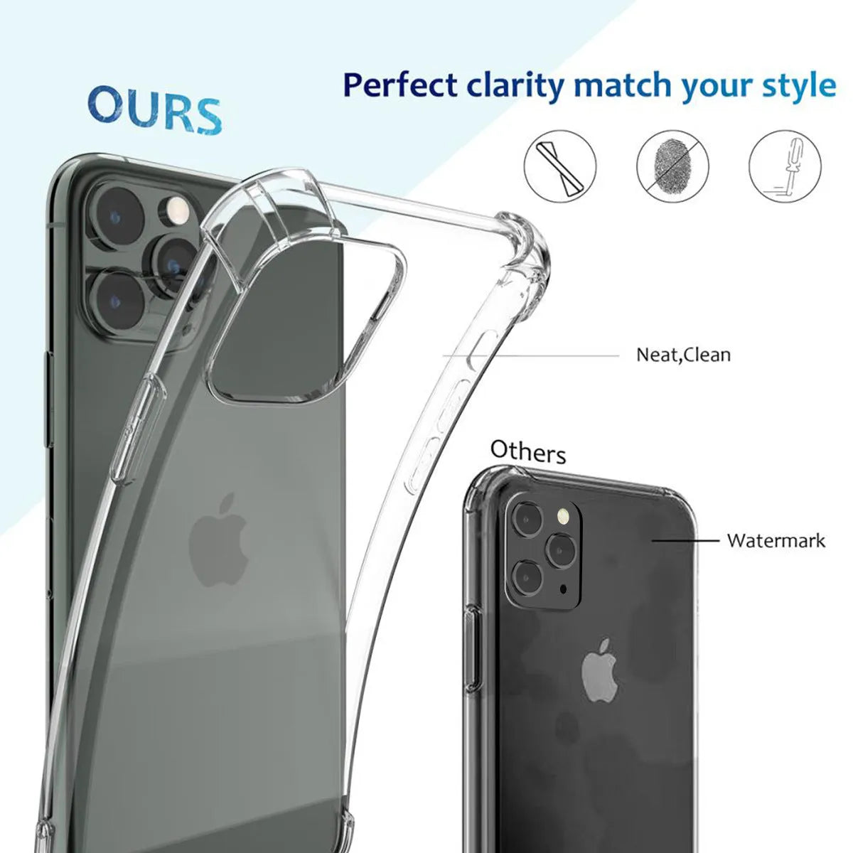 Clear transparent TPU shockproof phone case for Apple iPhone models on a table.