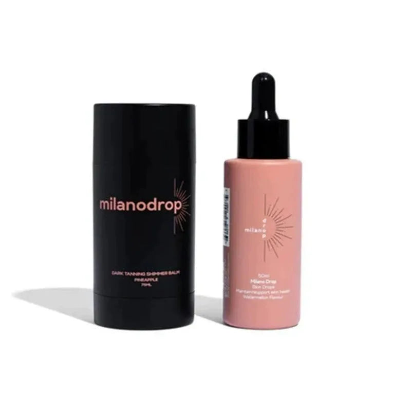 Matte sun tanning black liquid set showing 50ml tanning drops and 75ml tanning flash cream bottles