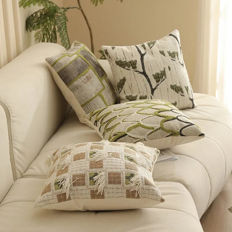 45cm square jacquard waist pillow cushion cover with plant and flower pattern in retro Nordic style.