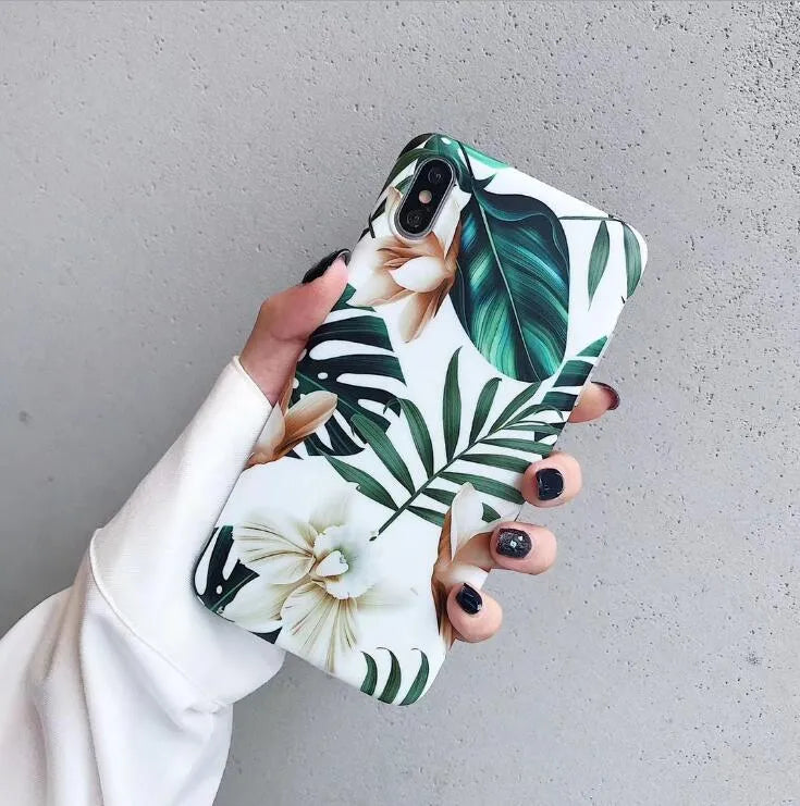 Soft TPU phone case with detailed banana leaf and floral art design for iPhone, shown in flower leaves colour.