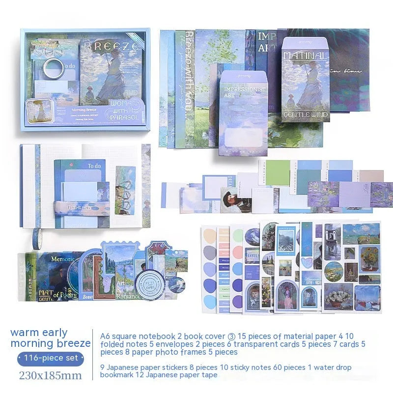 A6 grid creative journal gift box with retro plaid design, showing notebook, bookclothes, cards, paper, and sticky notes.