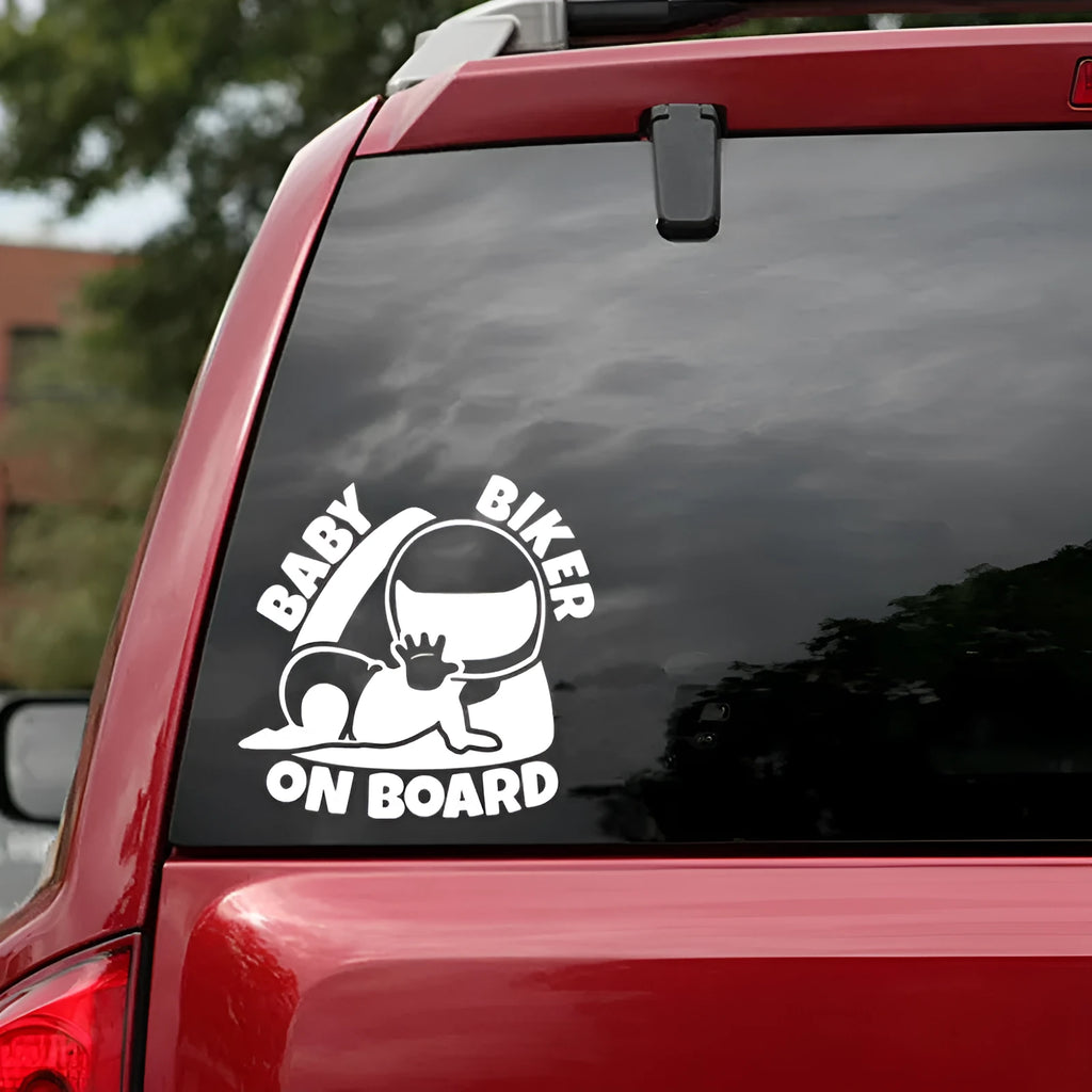 Black and white reflective Baby On Board car sticker shown at 14.5 by 15 cm size.