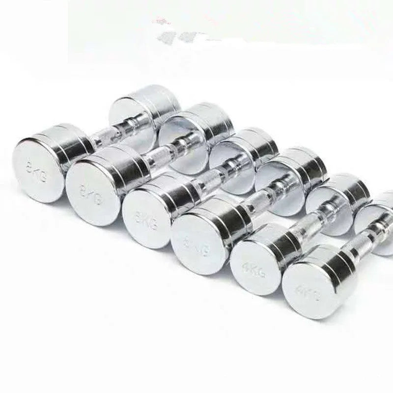 Silver electroplated pure steel dumbbell with ergonomic handle on grey background