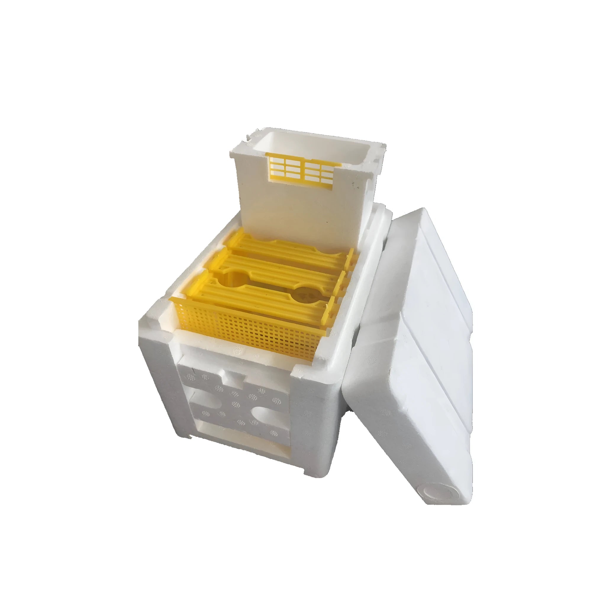Three white EPS foam bee mating boxes for beehive pollination and breeding tool set