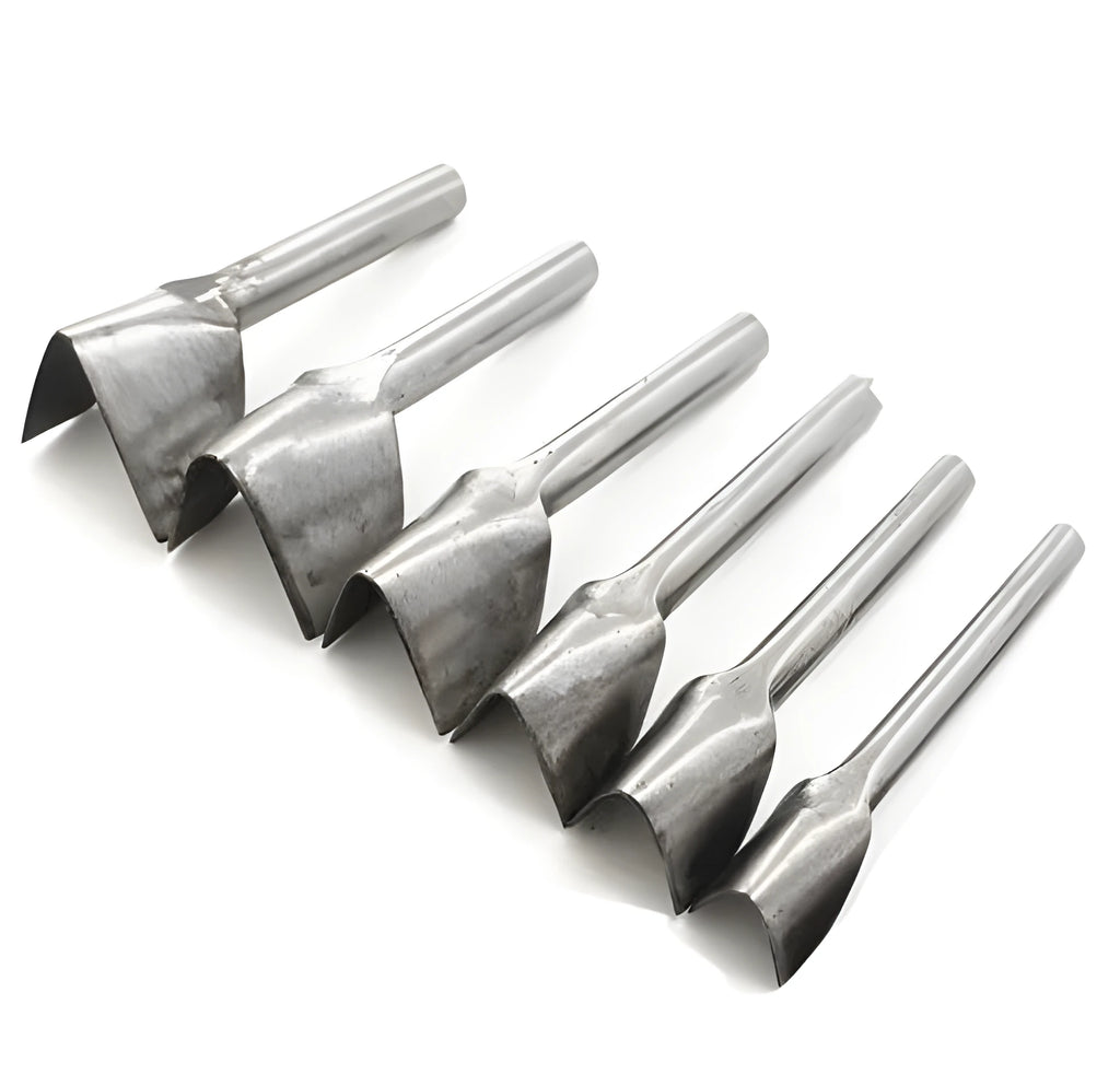 Six steel leather craft punch tools in half round and V shapes ranging from 15mm to 40mm sizes