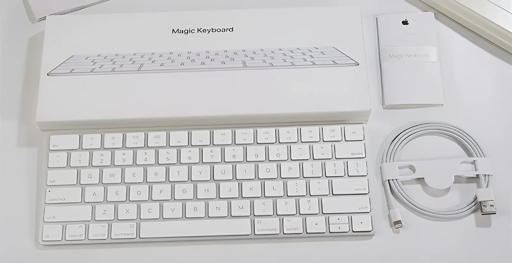 Apple G6 Bluetooth wireless keyboard in white colour with ultra-thin metal construction and multimedia function keys