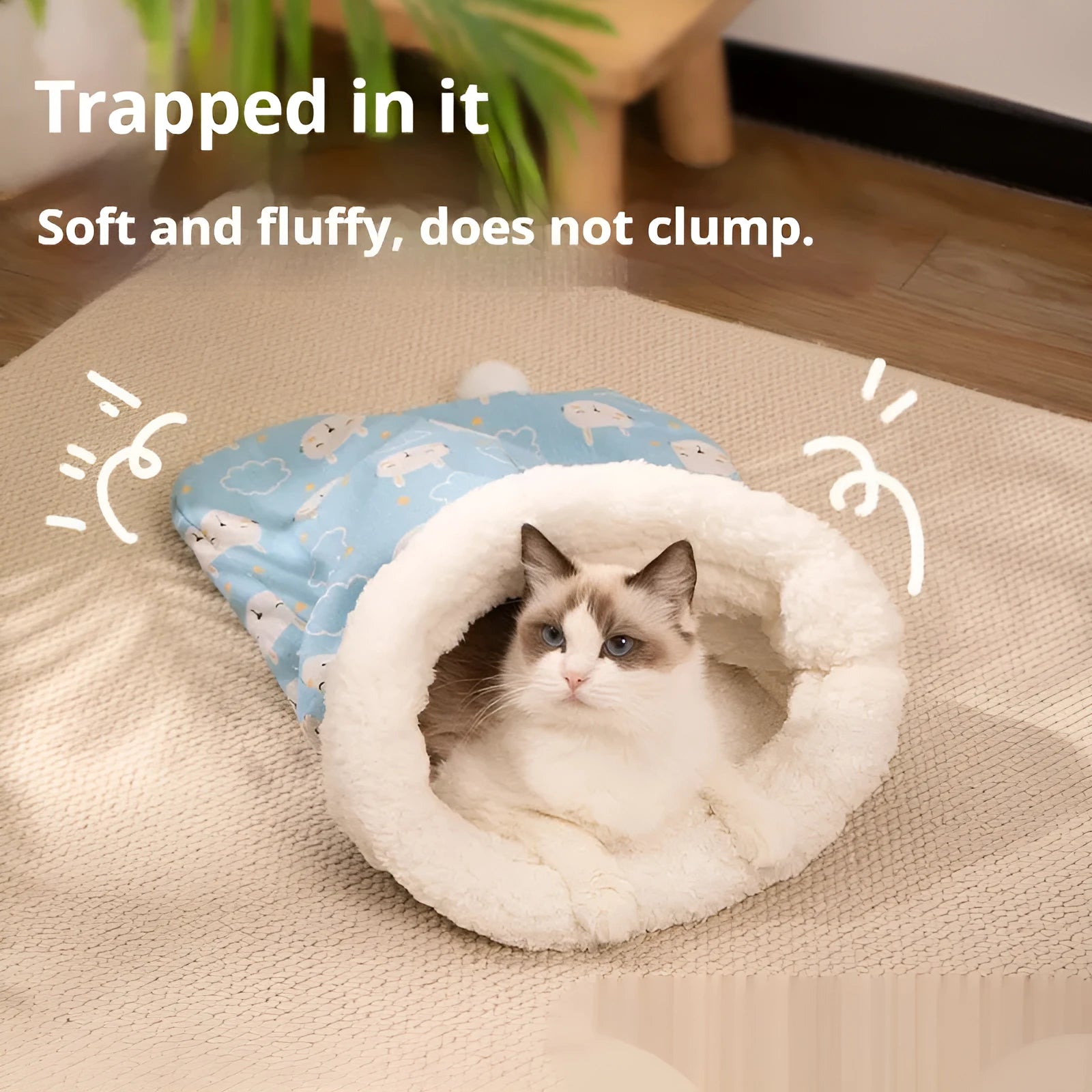 Flannel cat sleeping bag nest pet bed in pink or blue, 50 cm by 40 cm.