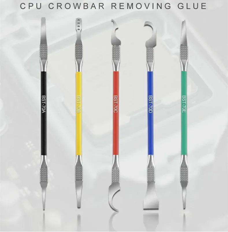 Five stainless steel disassembly crowbar tools with thin blades for plastic removal.