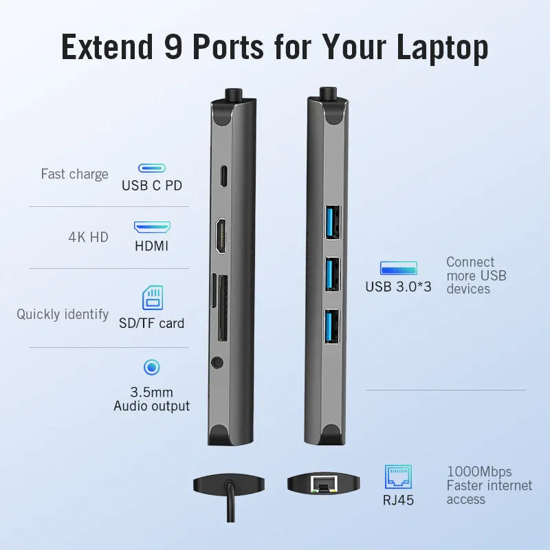 Type-C to HDMI USB3.0 RJ45 TF SD PD converter hub with aluminium alloy shell and 0.15m cable