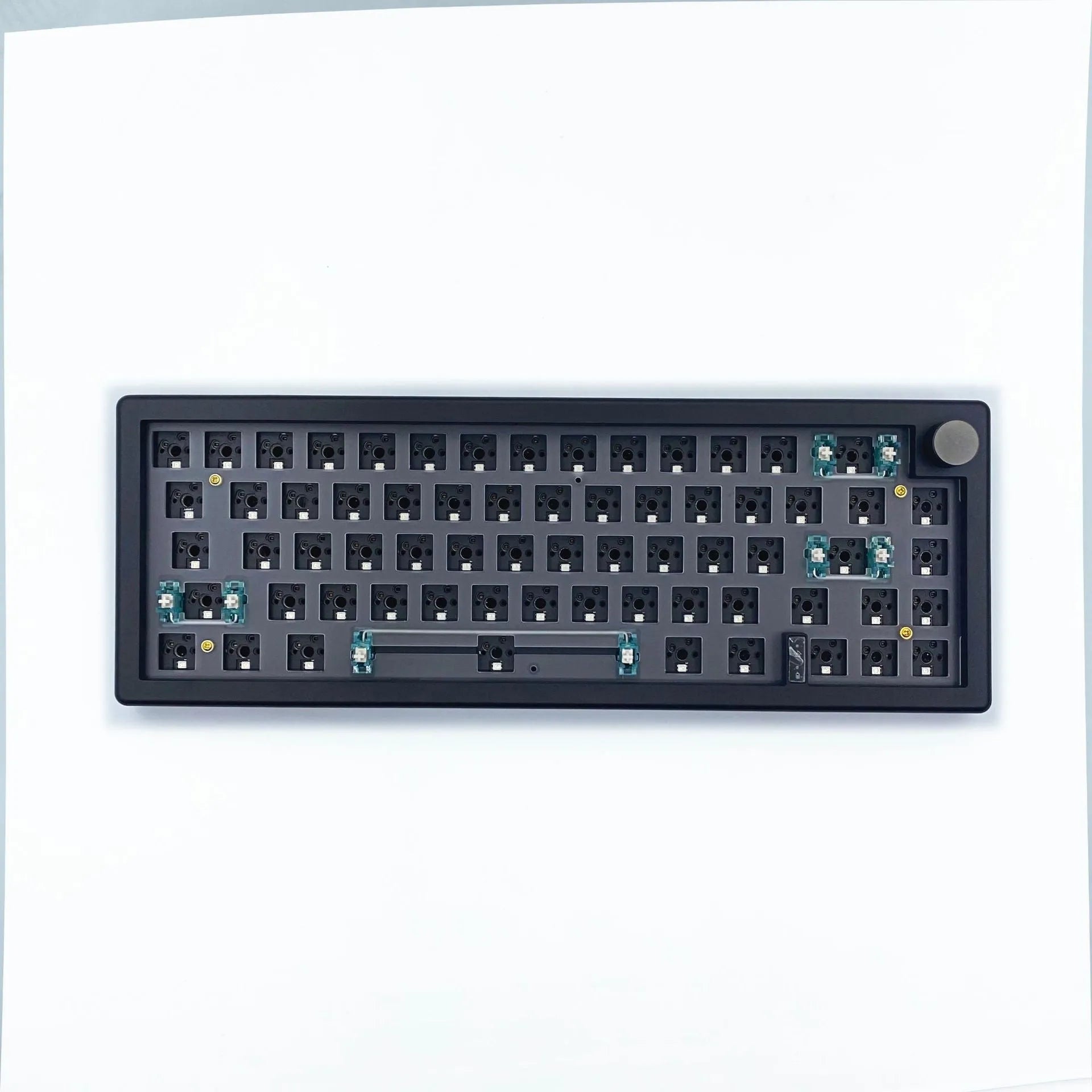 DIY mechanical keyboard kit with RGB lighting and rotary knob in seven colour options