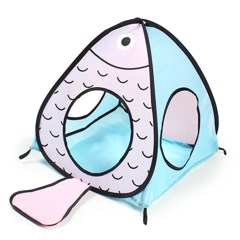 Foldable cat play tent and tunnel set with blue and white cat and fish print.