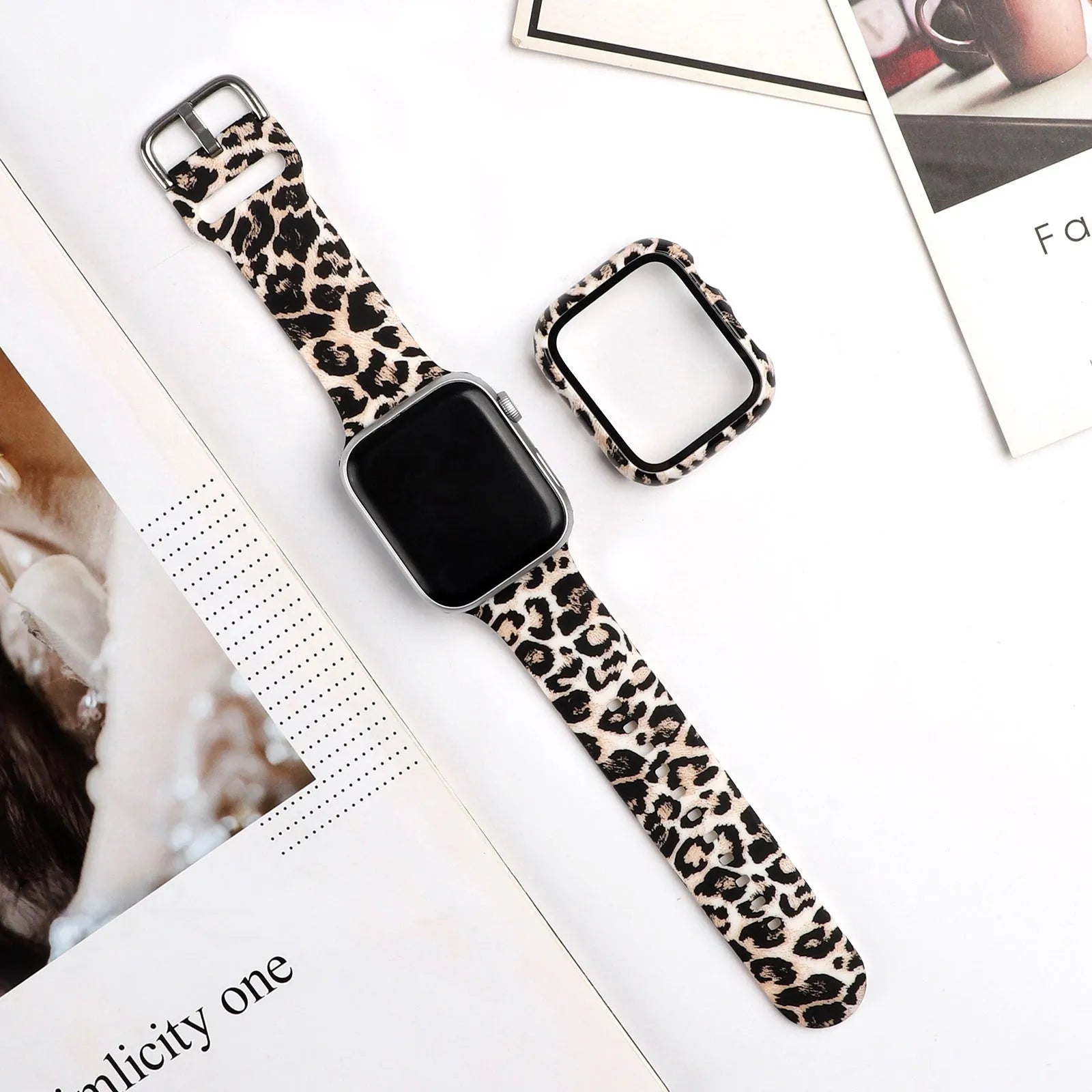 Printed fashion silicone replacement strap for Apple Watch showing multiple design options and 38mm 40mm 42mm 44mm size compatibility.