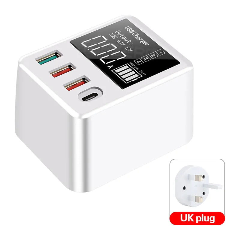 White 4-port USB travel charger with LED display, showing UK plug model