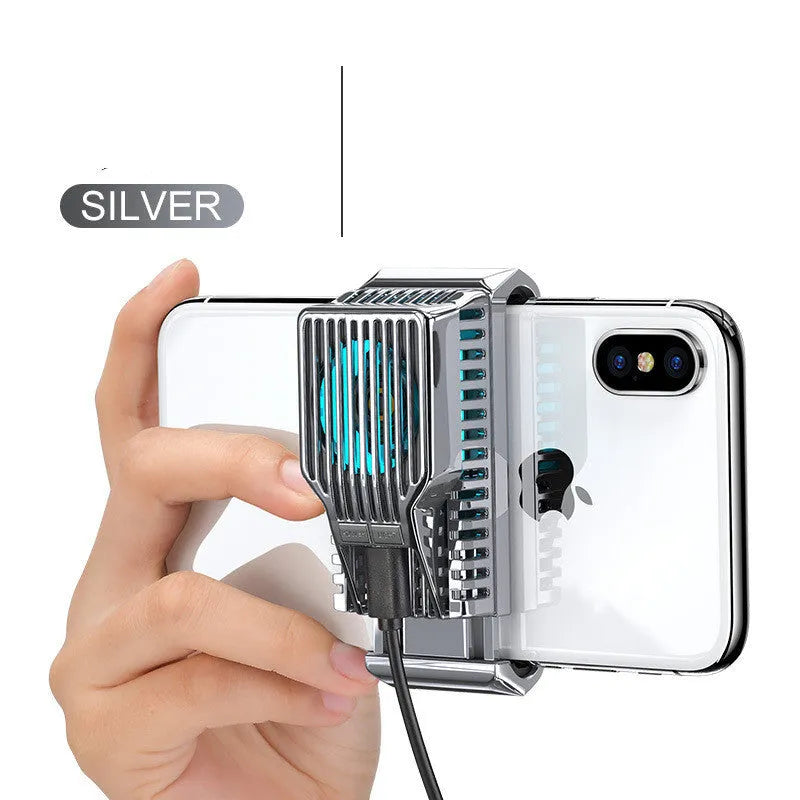 Black clip-on mobile phone cooling radiator fan with aluminium blades, shown next to a data cable.