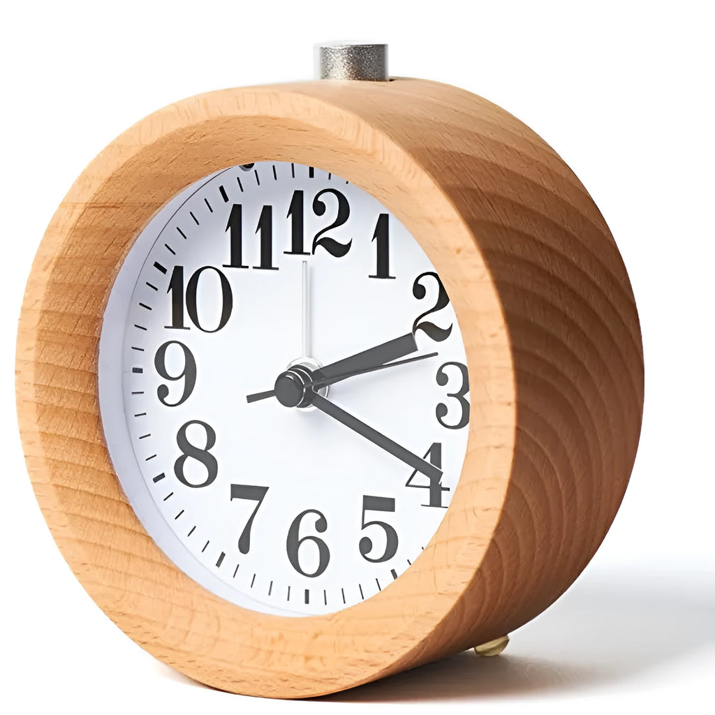 Solid beech wood bedside alarm clock with analogue display and silent snooze mechanism