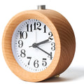 Solid beech wood bedside alarm clock with analogue display and silent snooze mechanism