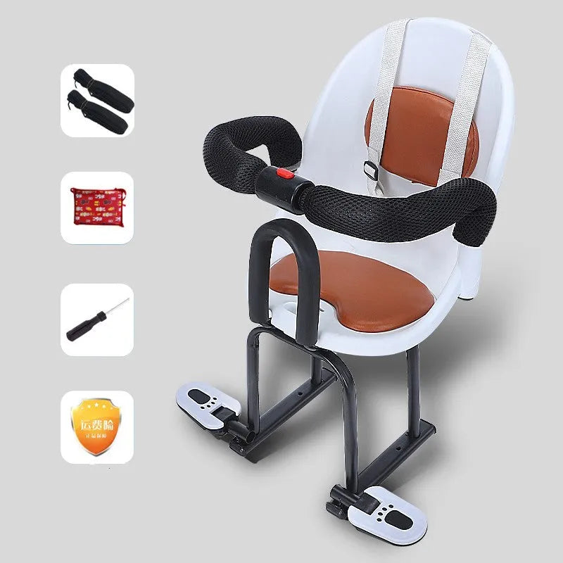 Steel-framed children's front seat for electric scooters in black, red or white