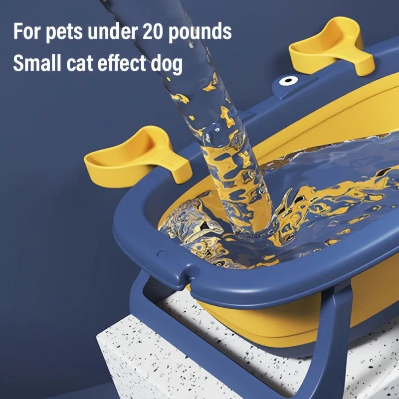 Blue portable foldable pet bathing tub for small cats and dogs.