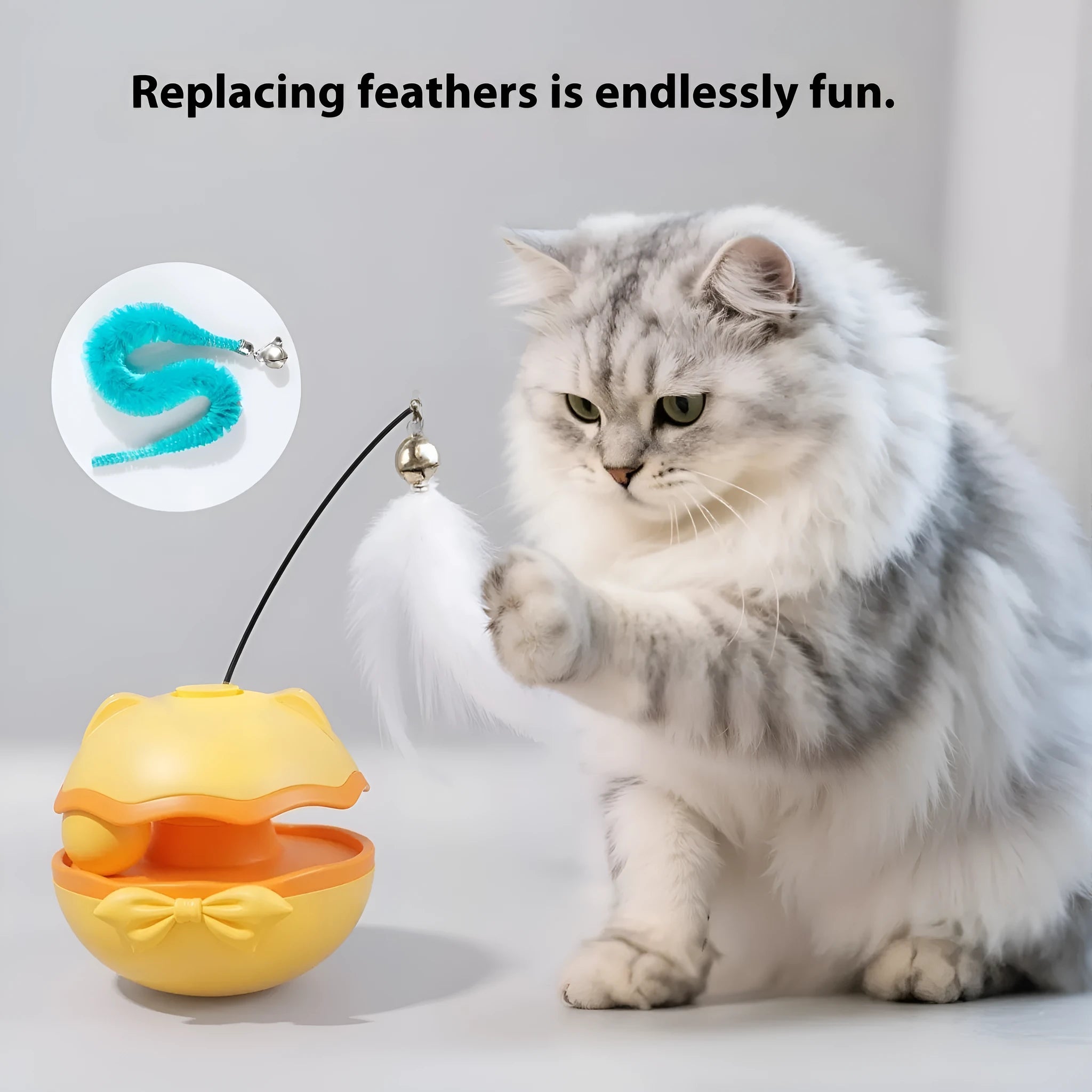 Electric self-tumbling cat teaser wand toy in lemon yellow, sky blue, or soft fog grey.