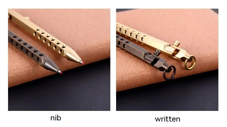 Brass hexagonal bolt rollerball pen with 0.5mm tip and retro mechanical design
