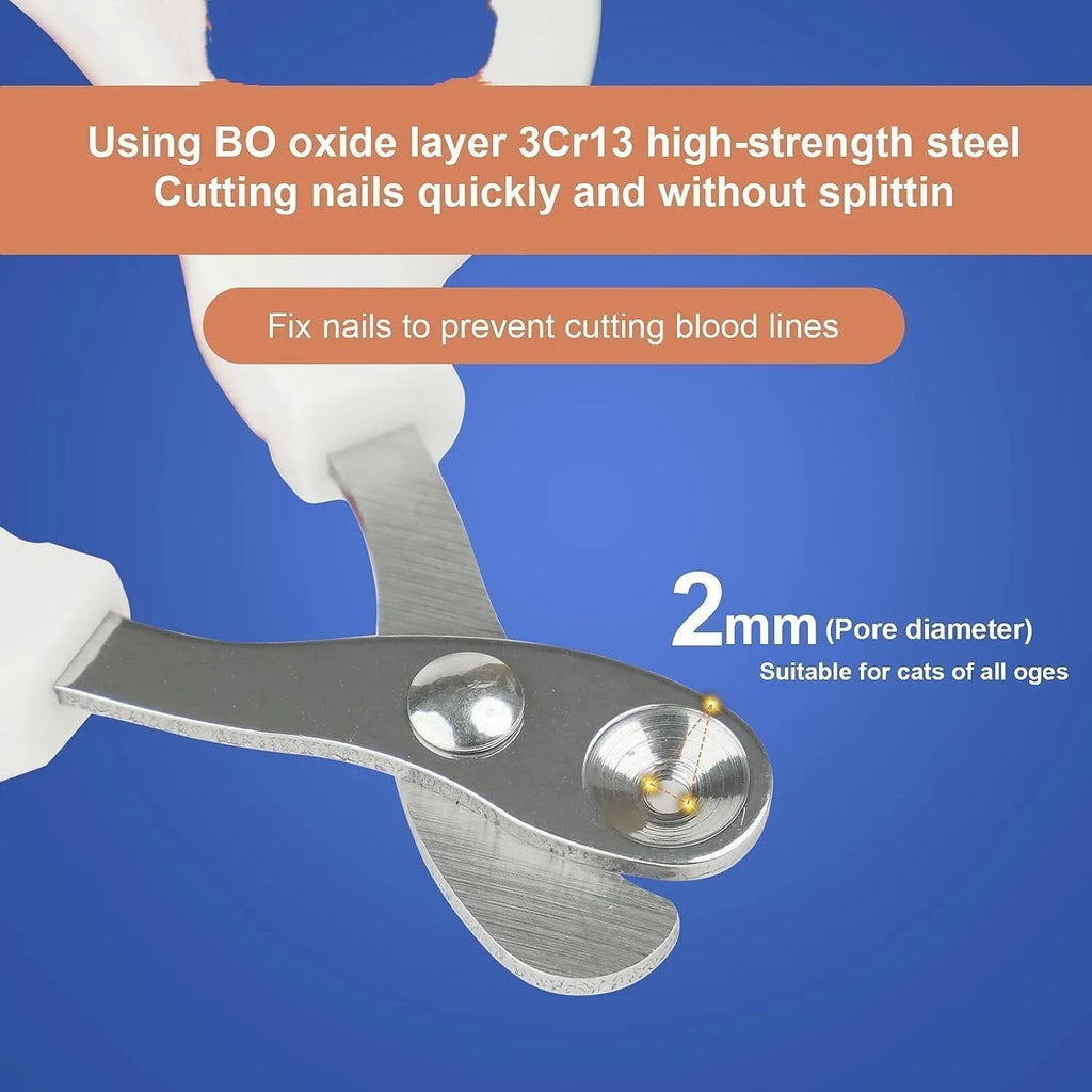 Blue pet nail clippers with circular cutting hole and non-slip handles on a white background.