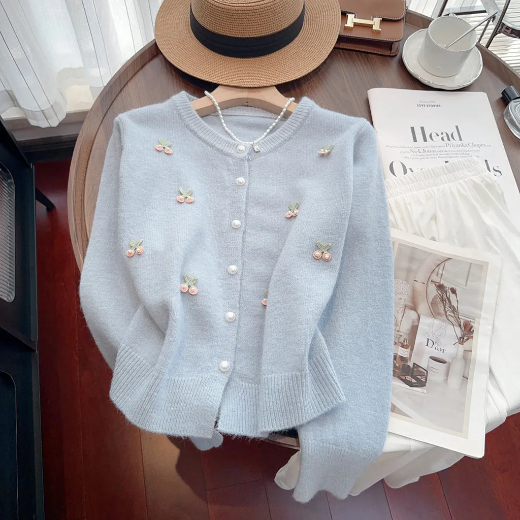 Cashmere cardigan sweater coat with beaded decoration in slim fit French style