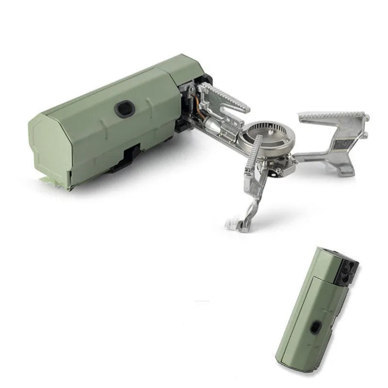 Green portable folding camping gas stove with adjustable valve on a serrated bracket, shown with its storage bag.