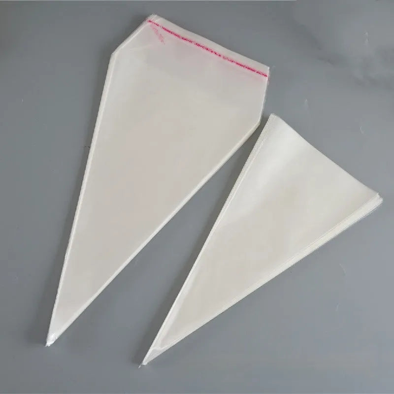 Clear triangle-shaped plastic packaging bag with a silver tie wire closure, shown in a pack of multiple bags.