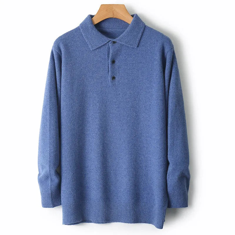 Men's wool sweater with polo collar in collegiate stitch design showing colour options
