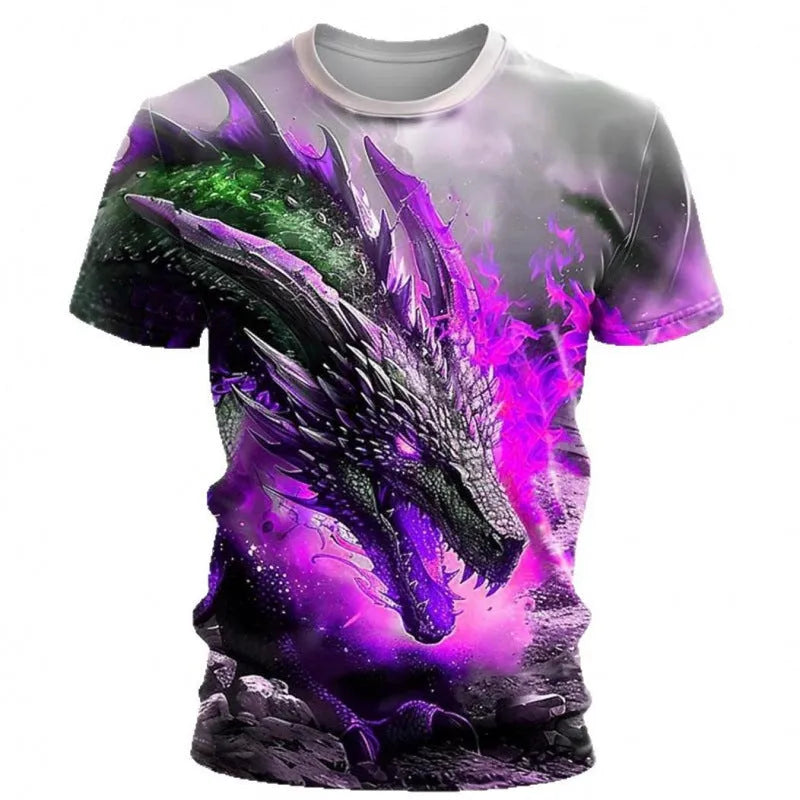 Men's grey T-shirt with a large blue 3D wind dragon print on the chest, short sleeves.